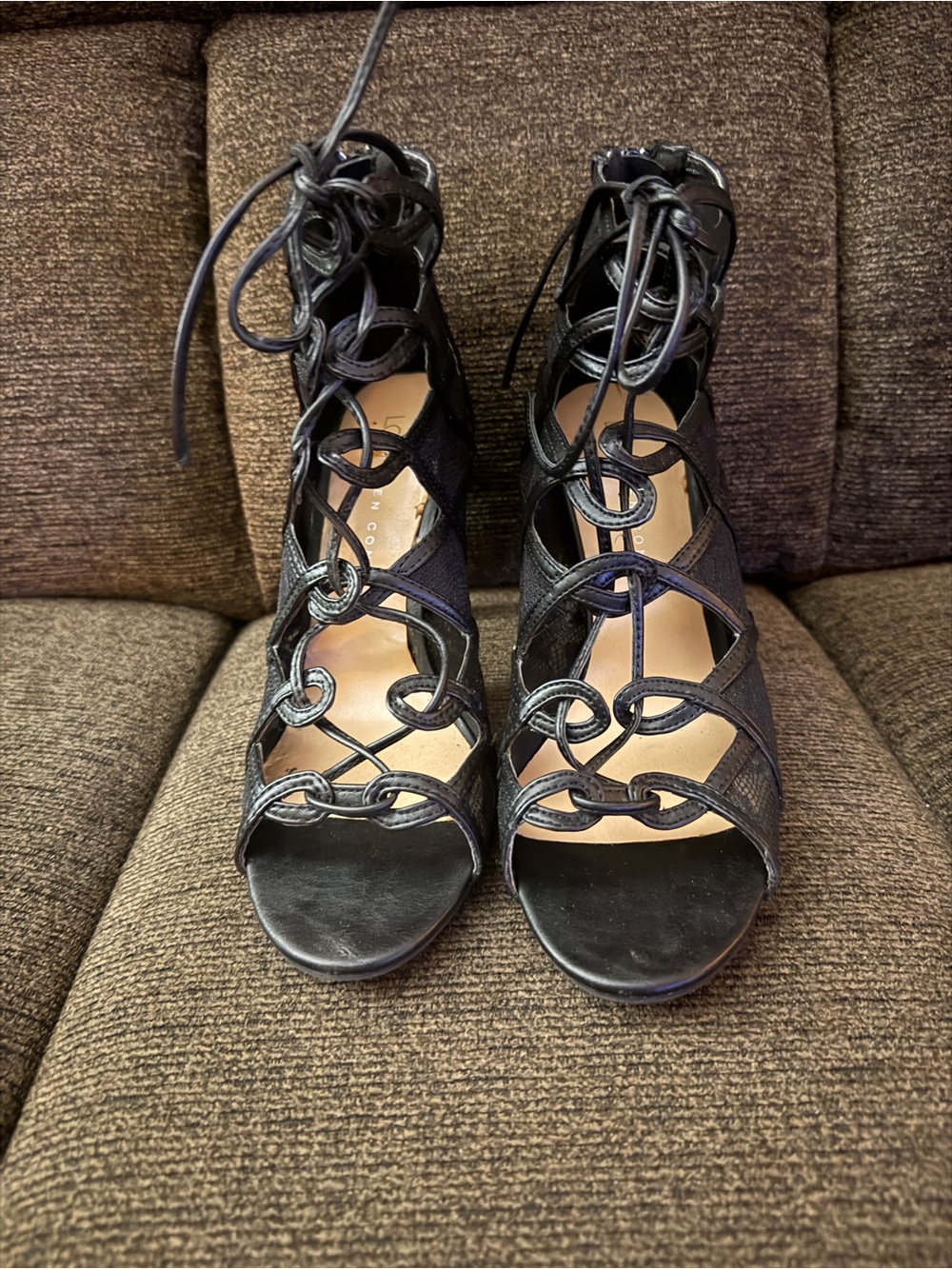 LC Lauren Conrad Black Lace Lace-Up Stiletto Sandals